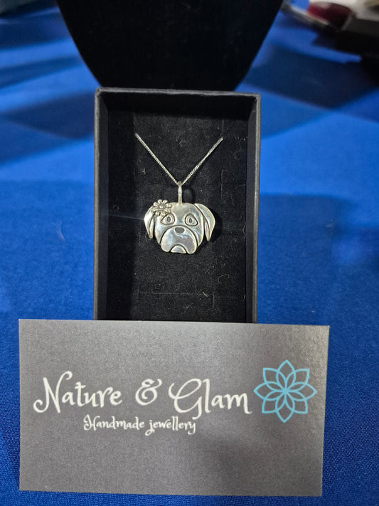 Fine Silver Pug Head Necklace