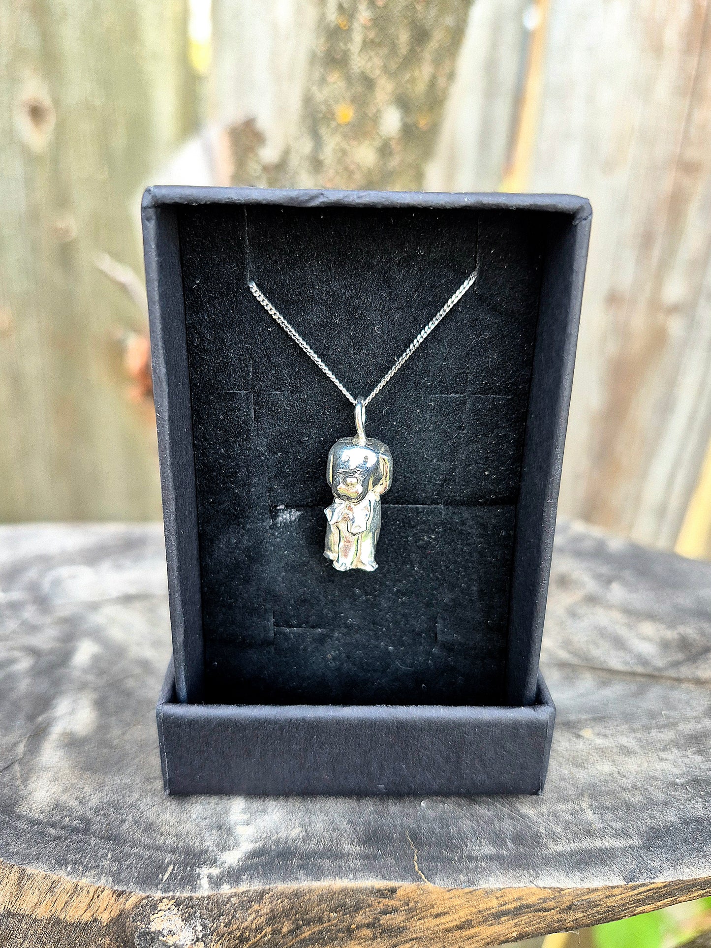 Handmade fine silver dog in bowtie necklace