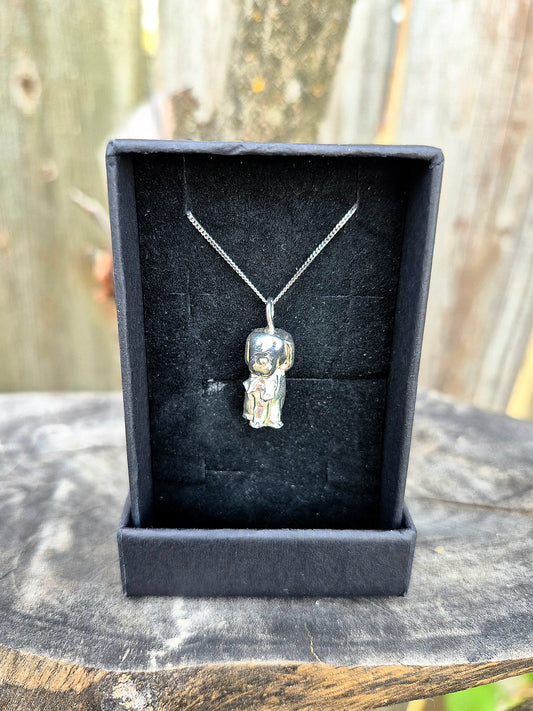 Handmade fine silver dog in bowtie necklace