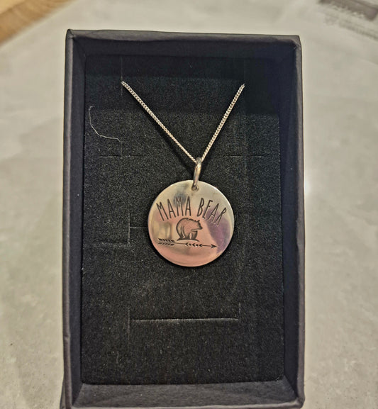 mama bear disc necklace sterling silver