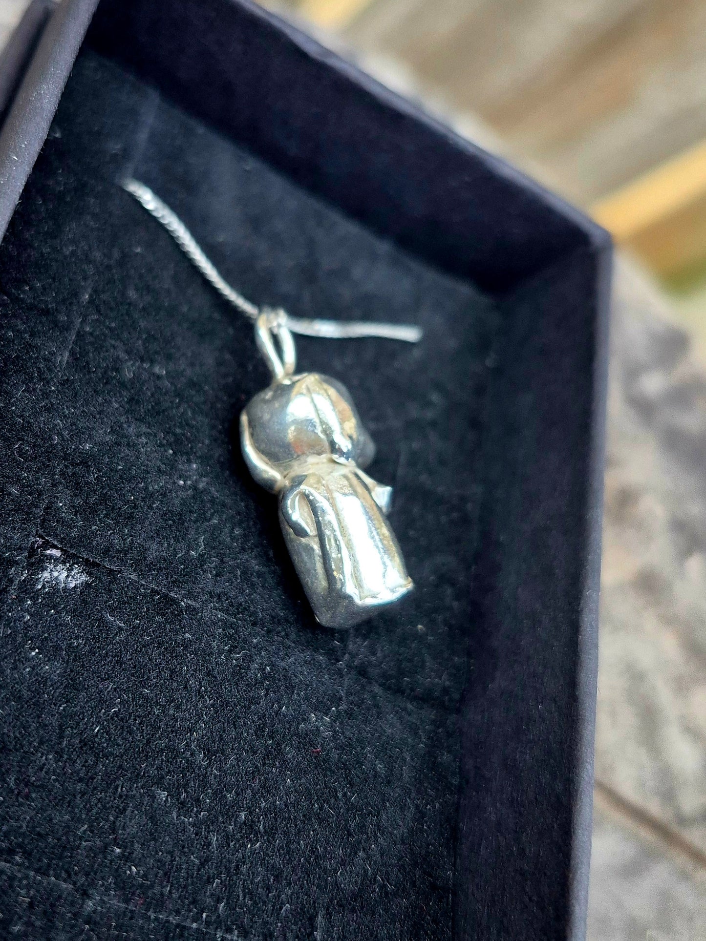 Handmade fine silver dog in bowtie necklace